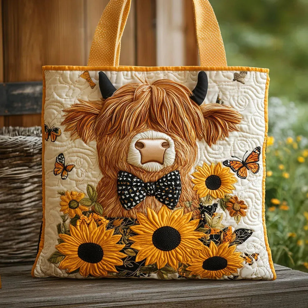 Bolso acolchado - Vaca de las Tierras Altas con girasoles