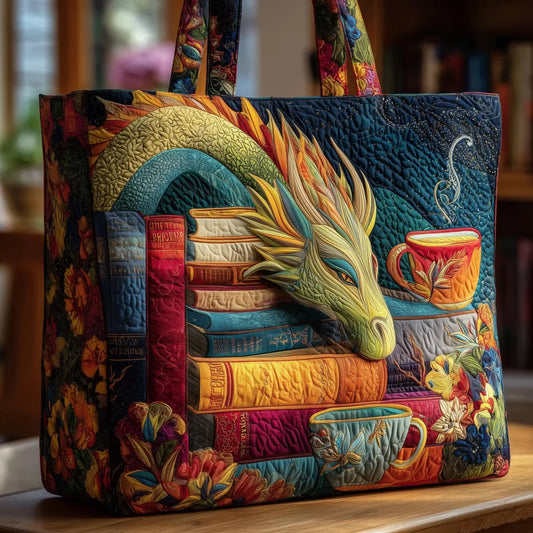 Bolso artesanal - dragón Lector con libros y tazas