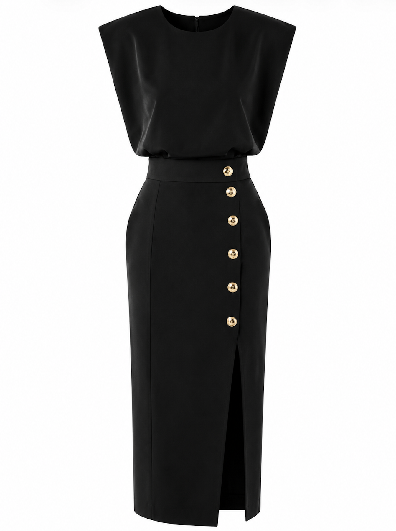 Carlota - Vestido Midi Liso con Abertura de Botones y Escote Redondo