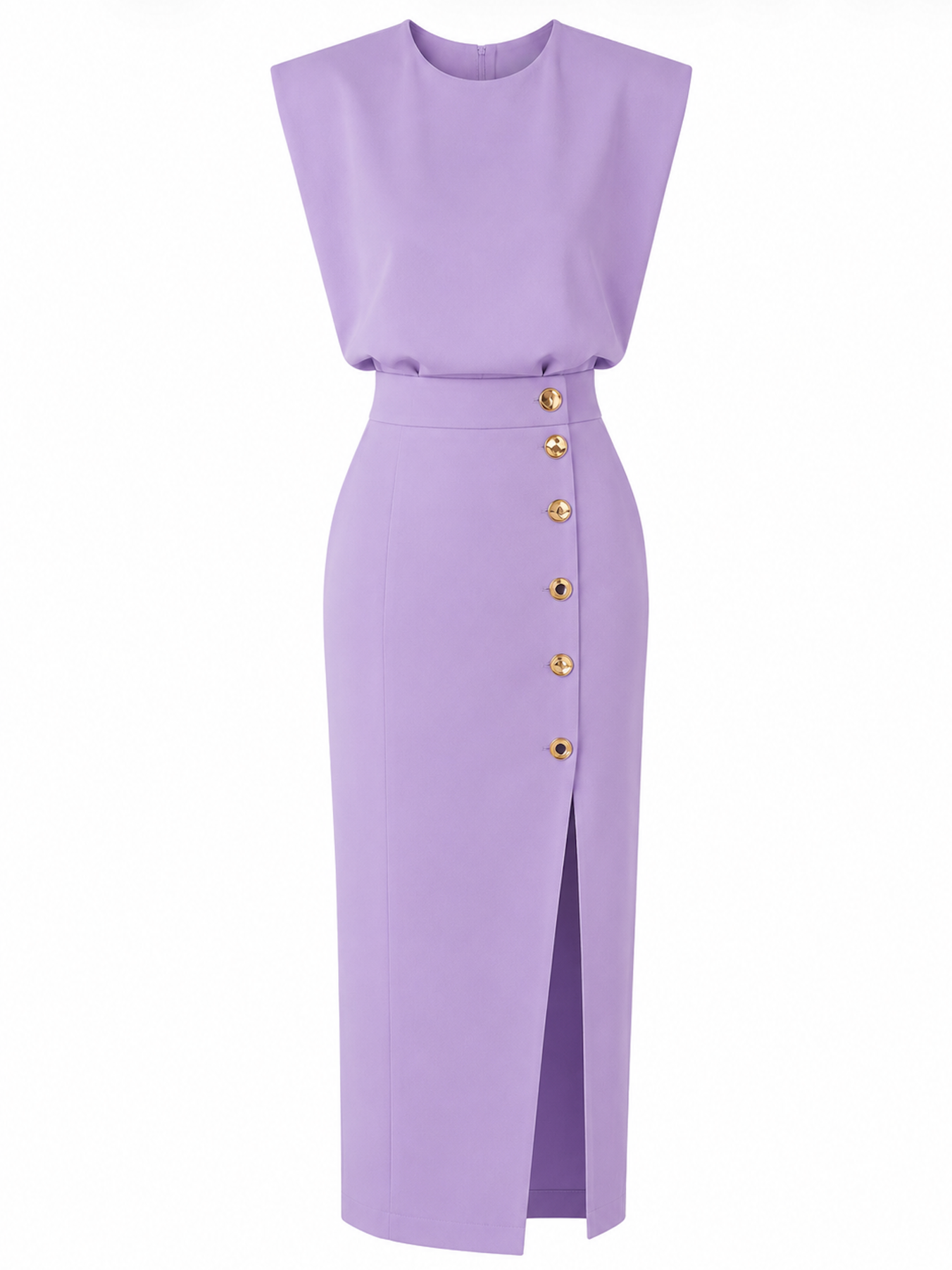 Carlota - Vestido Midi Liso con Abertura de Botones y Escote Redondo