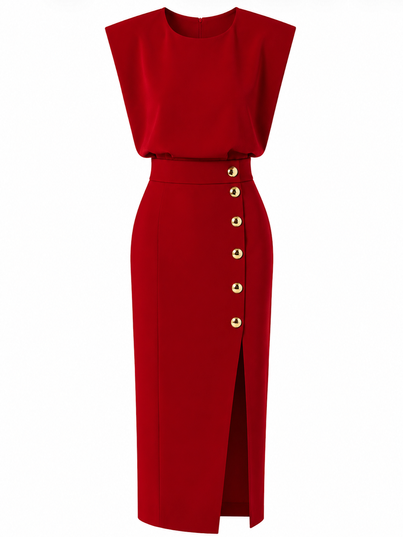Carlota - Vestido Midi Liso con Abertura de Botones y Escote Redondo