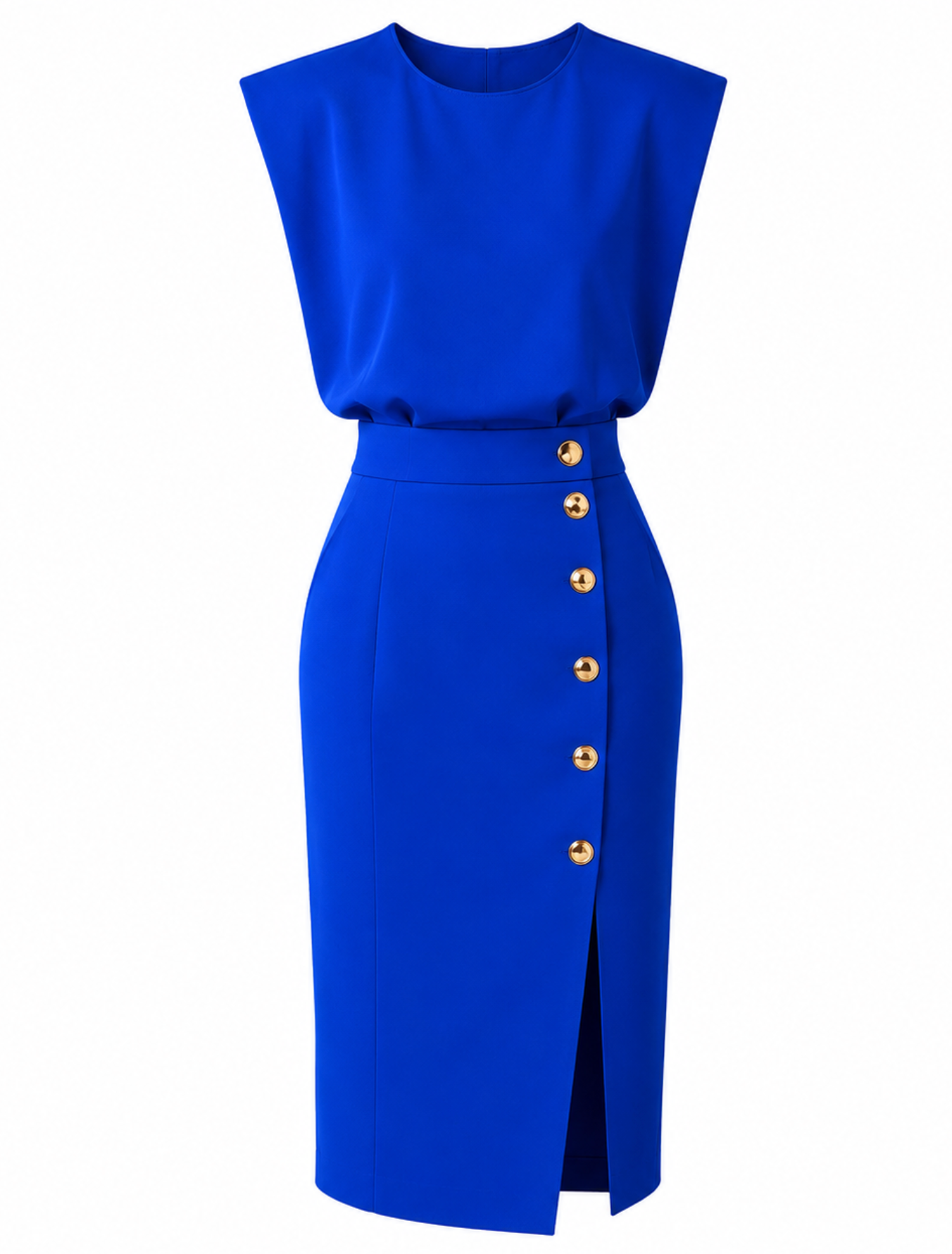Carlota - Vestido Midi Liso con Abertura de Botones y Escote Redondo