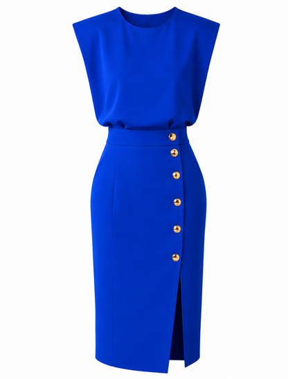 Carlota - Vestido Midi Liso con Abertura de Botones y Escote Redondo