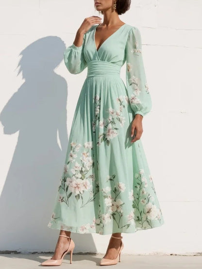 Vestido midi de gasa con escote de pico estampado